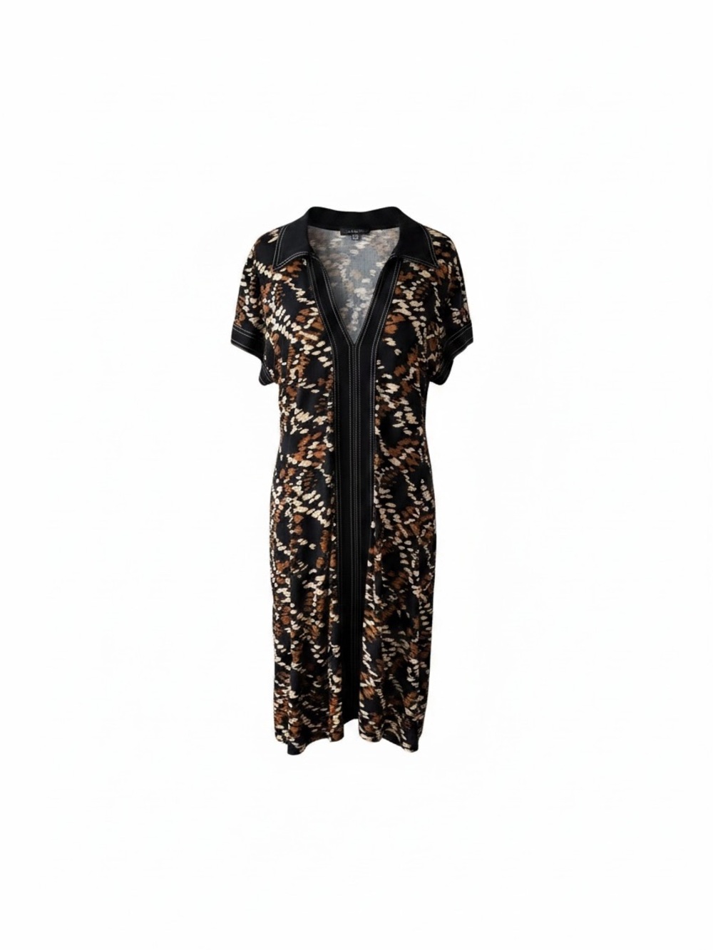 Connection Abstract Print V-Neck Midi Dress Black Brown Large